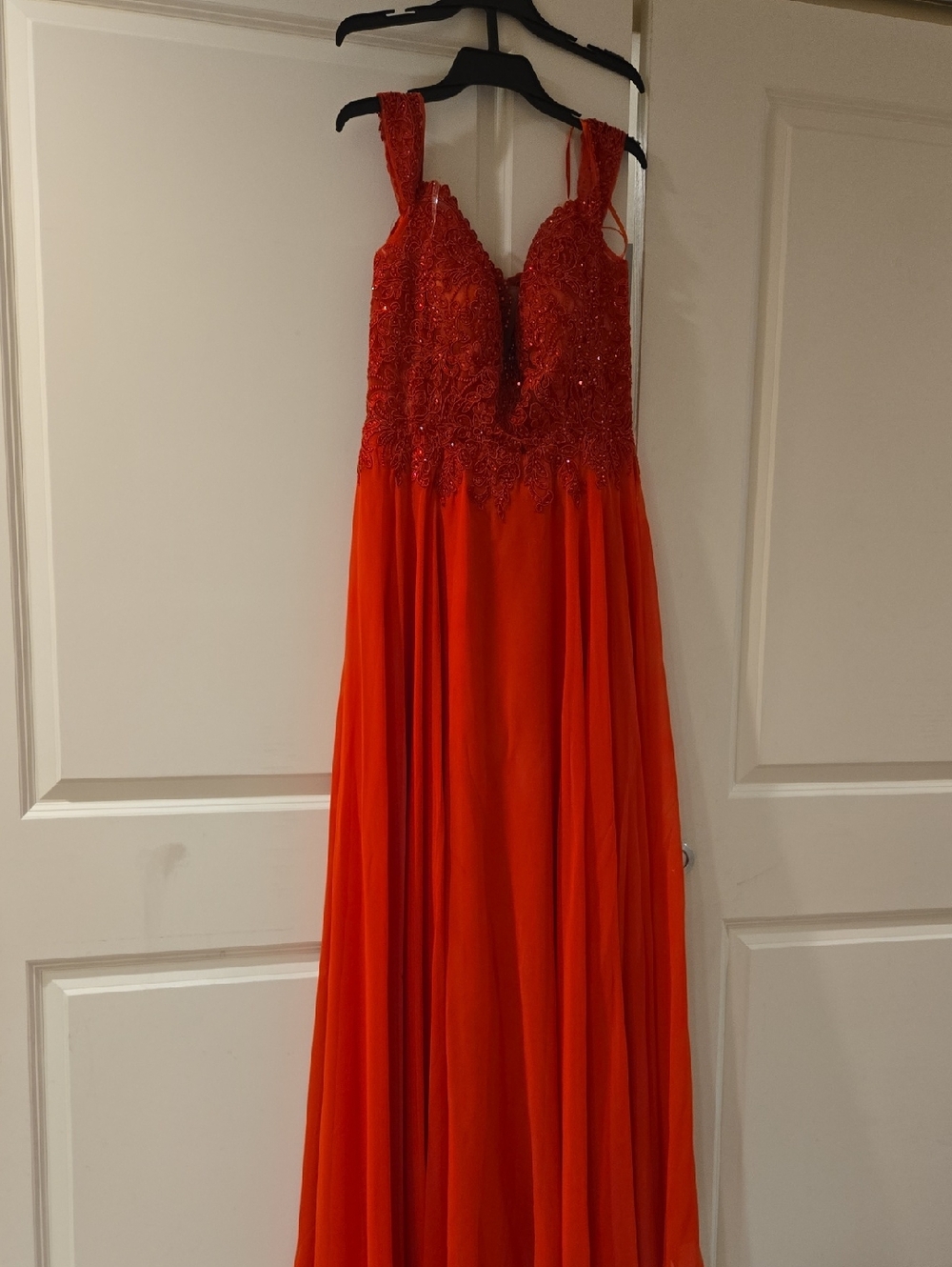 Red Beaded Lace Bodice Evening Gown